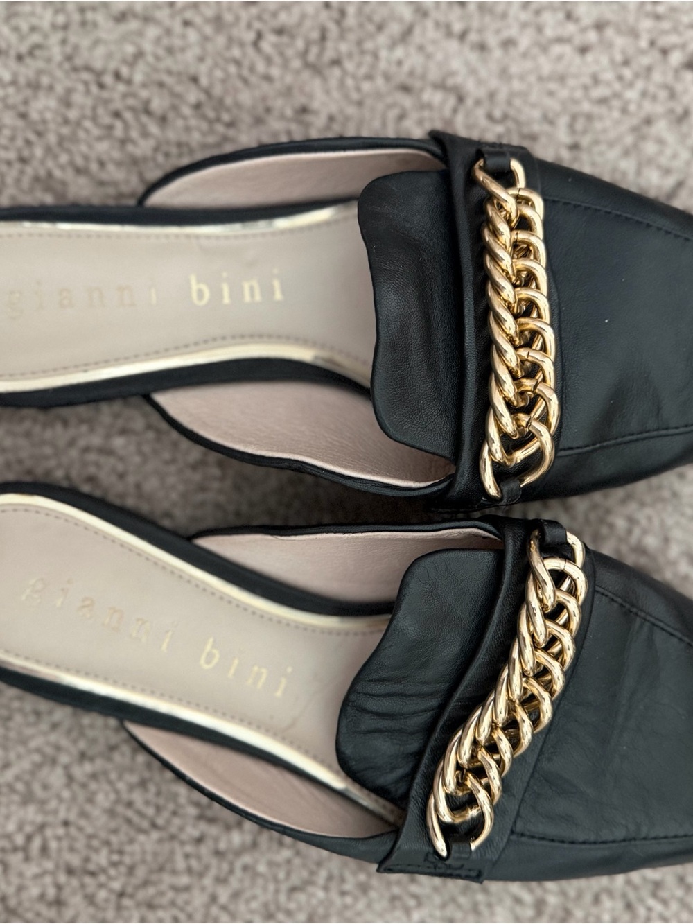 Gianni Bini Black Leather Slip-On Mules with Gold Chain